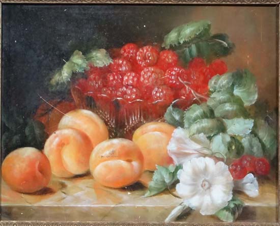 XX Dutch School
Oil on board
Still life of fruit on a stone ledge including raspberries, peaches, - Image 2 of 3