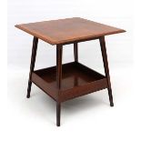 Arts and Crafts : A squared top 2 tier walnut  table with squared tapering legs. 23" sq. x 24" high