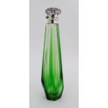 A green glass scent bottle / flask with silver plate top 4 1/4" high  CONDITION: Please Note -  we