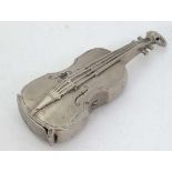 A silver plate novelty vesta case formed as a violin with hinged section and striker lower 2 1/2"