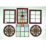 6 various stained glass panels to include 2 roundles with stained glass bulls eye centres. The