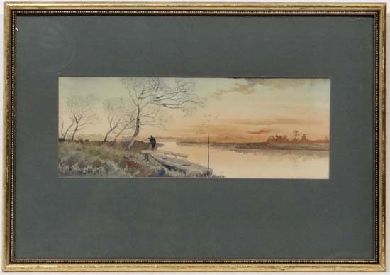 R Hidesaki XX Japanese
Watercolour
Fisherman on a jetty having left his boat on a river 
Signed