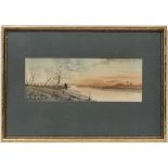 R Hidesaki XX Japanese
Watercolour
Fisherman on a jetty having left his boat on a river 
Signed