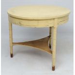 A Victorian Faux Bamboo circular three legged table with frieze draw, shaped triangular shelf