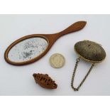 A Dolls hand held mirror ( handbag mirror) in mahogany with boxwood stringing, together with a brass