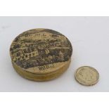 A 19 th C German waisted two part snuff box with monochrome image to top entitled ' Wildbad' .