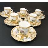 A Copeland porcelain coffee set comprising 6 saucers and 6 coffee cups. Decorated with images of