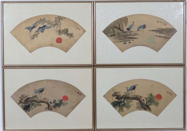 Japanese  School,
4 watercolours on gilt fan shapes,
Cranes on Spruce by setting Suns (4)  
Each