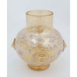 A Moser glass style iridescent peach glass vase with four lions mask medallions and enamelled floral