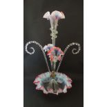 Victorian Table Centrepiece : an ornate glass Epergne with Vaseline and Cranberry glass frilled