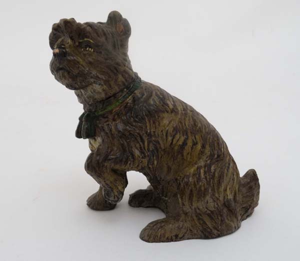 A hand painted cast bronze figure of a sejant terrier dog with tasseled collar and hinged head 3 1/ - Image 5 of 16
