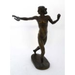 A 19thC cast bronze figure of a naked female holding a laurel chaplet in one hand and apple in