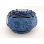 Czechoslovakia Art glass : An Art Deco blue malachite glass lidded pot with floral and scroll