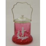 A Cranberry glass biscuit barrel with Mary Gregory style enamel decoration 7" high  CONDITION: