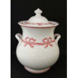 A large Minton ceramic Lidded bulbous pot. Decorated with pink ribbon and bow detail on a white