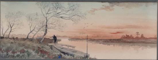 R Hidesaki XX Japanese
Watercolour
Fisherman on a jetty having left his boat on a river 
Signed - Image 3 of 4