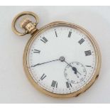 9ct gold pocket watch : A top wind Pocketwatch with enamel dial, seconds dial at 6 , minute markers,