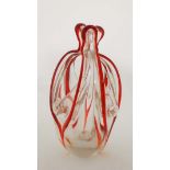 Retro Art Glass : A clear and red swirl glass basket / dish of stylised form . Approx 7" high
