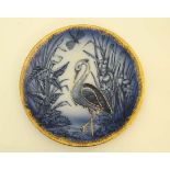 A c1879 J Tams, Longton '' Stork '' pattern plate. Blue design with gilt detail. Makers stamp and