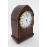 French Edwardian Lancet shaped Mantle Clock : a Timepiece Mahogany clock having boxwood stringing