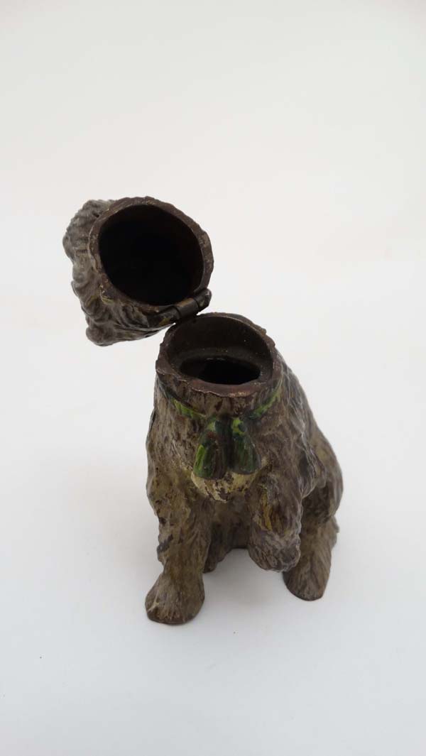 A hand painted cast bronze figure of a sejant terrier dog with tasseled collar and hinged head 3 1/ - Image 3 of 16