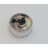 A Contemporary silver pill box with enamel decoration to hinged lid depicting a pug dog. 1 1/8"