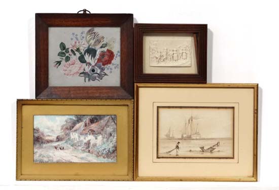 Four assorted pictures
XIX sepia watercolour
Steam Sail ship
Indistinctly signed and dated '1899'