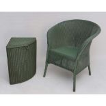 Vintage Retro : A British Lloyd Loom  Lusty green armchair and matching corner laundry lidded