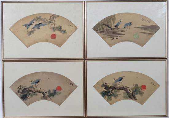 Japanese  School,
4 watercolours on gilt fan shapes,
Cranes on Spruce by setting Suns (4)  
Each - Image 3 of 4