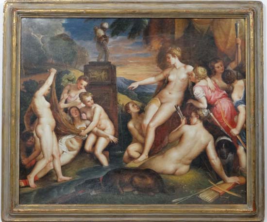 P Bell (XX) after Titian
Oil on canvas Board
 ' Diana and Callisto '
Signed lower right
24 1/2 x 29