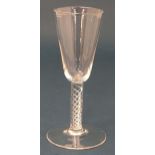 18 thC Air twist Glass : a tall round funnel Ale / Wine glass with four spiral air twists to stem,