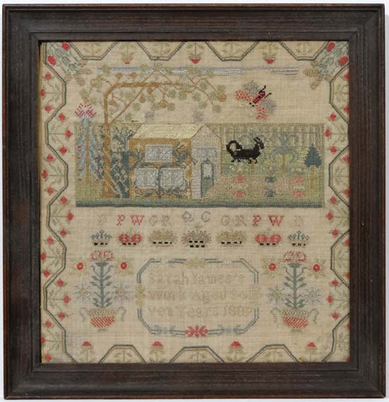 Sampler : Sarah James's work aged seven years 1807 '
A silk depicting a house , dog , butterfly ,