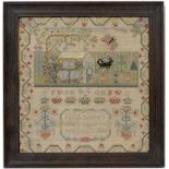 Sampler : Sarah James's work aged seven years 1807 '
A silk depicting a house , dog , butterfly ,