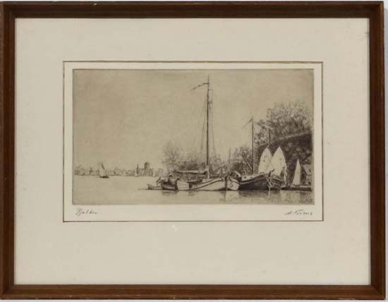 M E Tims early XX
Etching
' Tjalken ' moored Dutch barges
Aperture 5 1/4 x 8 1/4"
 CONDITION: Please