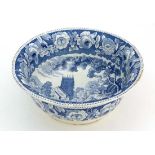 A large 19thC blue and white transfer printed  bowl. '' Village Church ''. 11 1/2'' Diameter