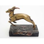 Continental Art Deco Bronze of a springing  Ibex on a veined marble base 6 " long and 5 3/4" high