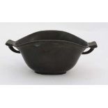 Danish Patinated pewter : ' Just 2252 Danmark ' marked 2 handled eliptical bowl. 5 7:8" wide and 2