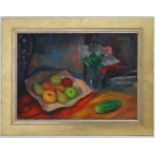 Oscar Cavallet (1910-2008 ) Italian,
Oil on board,
Still life , fruit  in an interior,
Signed