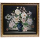 Liscard XX,
Oil on board,
Still life of flowers in a baluster vase on a side table,
Signed lower