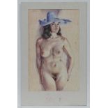 Wilfred Glyndon May (1922 - 2007) ,
Coloured pencils,
Nude with sun hat,
11 1/8 x 7" ,
Comes from