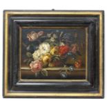 Italian School mid XX,
Oil on canvas,
Still life with flowers in a basket covered bowl,
Indistinctly