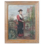 Reinhold Werner (1842-1922) German,  
Watercolour.
'Lady with Umbrella at the gate'
Signed and dated