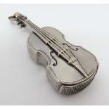 A silver plate novelty vesta case formed as a cello with hinged section and striker lower 2 1/2"