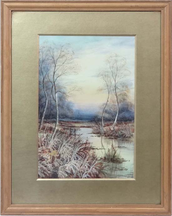 Mid XX English School,
Watercolour,
Silver Birches around a Stream,
12 3/4 x 9 2/3".
 CONDITION: