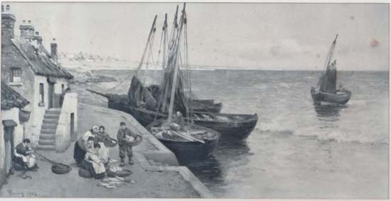 W Young 1902,
Grey scale print,
Fishing boats at a villages edge,
One bearing a facsimilie signature - Image 4 of 5