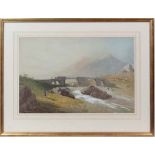(XIX) English School,
Watercolour with gouache highlights,
Old stone bridge crossing river  in