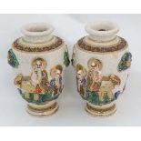 A Pair of hand painted Japanese Satsuma style Moriage Baluster vases. Decorated in high relief