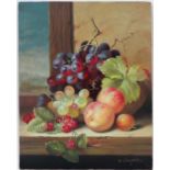 Robert Caspers XX,
Oil on board,
Still life of fruit on a wooden edge,
Signed lower right,
10 x 8".