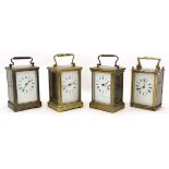 Carriage Clocks : 4 x 5 glass brass cased carriage timepieces, all with enamel dials, one marked '