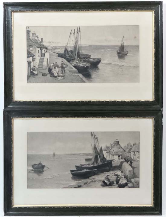 W Young 1902,
Grey scale print,
Fishing boats at a villages edge,
One bearing a facsimilie signature